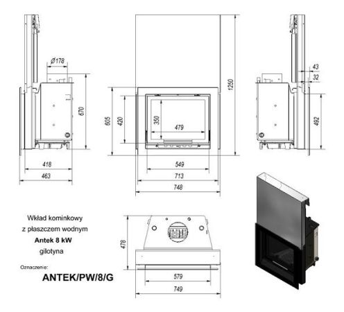 фото Каминная топка с водяным контуром KRATKI Antek PW 8 W G гильотина