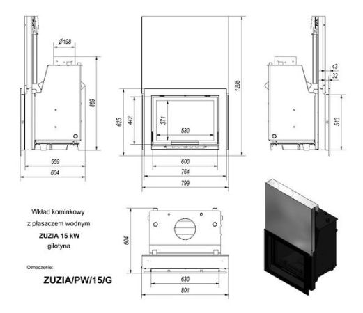 фото Каминная топка с водяным контуром Zuzia PW 15 G W гильотина