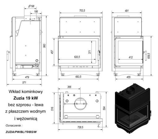 фото Каминная топка с водяным контуром Zuzia PW BL 19 BS W